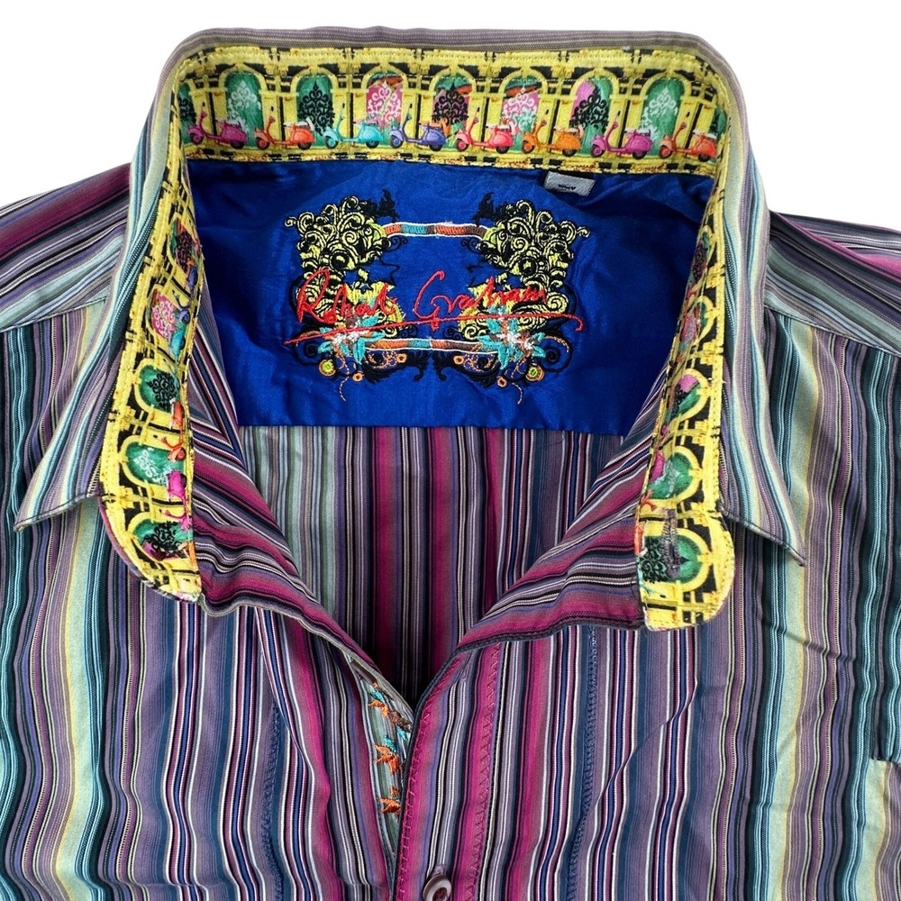 Robert Graham Mens Large Button‎ Up Shirt Purple Striped Embroidered Scooter L - Picture 8 of 16